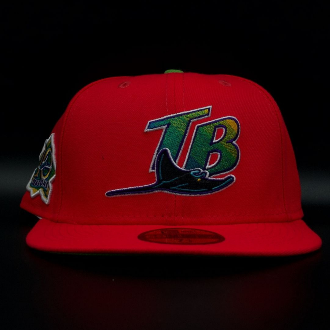 Tampa Bay Devil Rays Red TB Devil Ray Logo Lime Green Brim 59FIFTY Fitted Hat