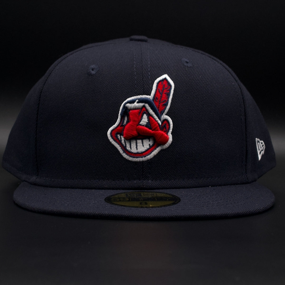 Cleveland Guardians (Indians) Navy Blue Chief Wahoo (Official On-Field Cap) Black Brim 59FIFTY Fitted Hat