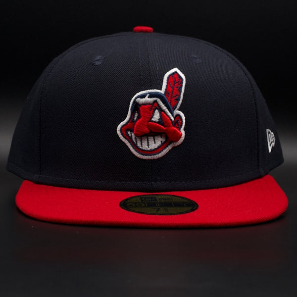 Wholesale Cleveland Guardians (Indians) Navy and Red Chief Wahoo (Official On-Field Cap) Black Brim 59FIFTY Fitted Hat