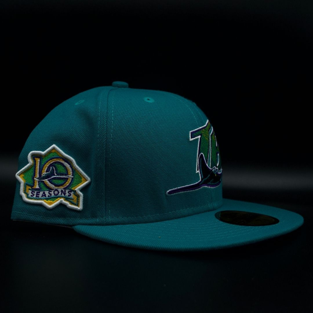 Tampa Bay Devil Rays Teal TB Logo 10 Seasons Purple Brim 59FIFTY Fitted Hat