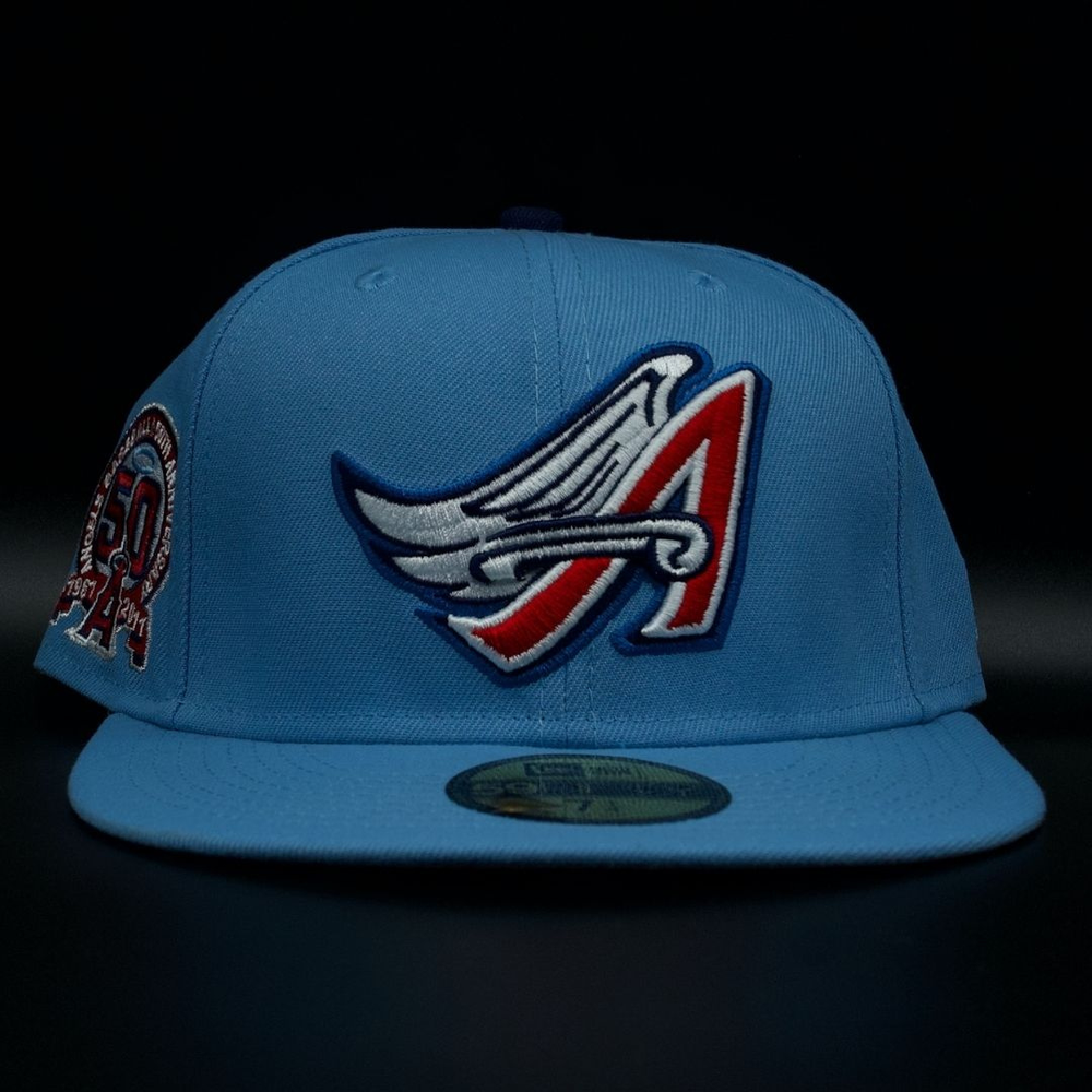 Anaheim Angels Sky Blue Winged A 50th Anniversary Pink Brim 59FIFTY Fitted Hat