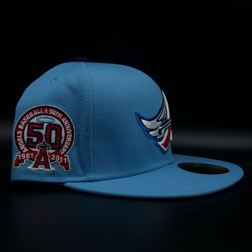 Anaheim Angels Sky Blue Winged A 50th Anniversary Pink Brim 59FIFTY Fitted Hat
