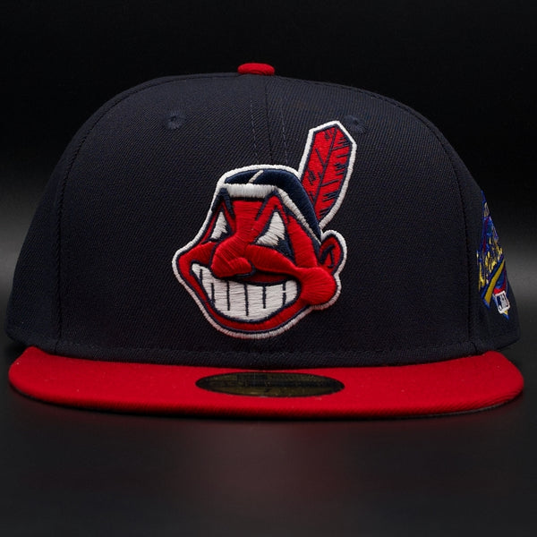 Wholesale Cleveland Guardians (Indians) Navy and Red Chief Wahoo World Series Grey Brim 59FIFTY Fitted Hat