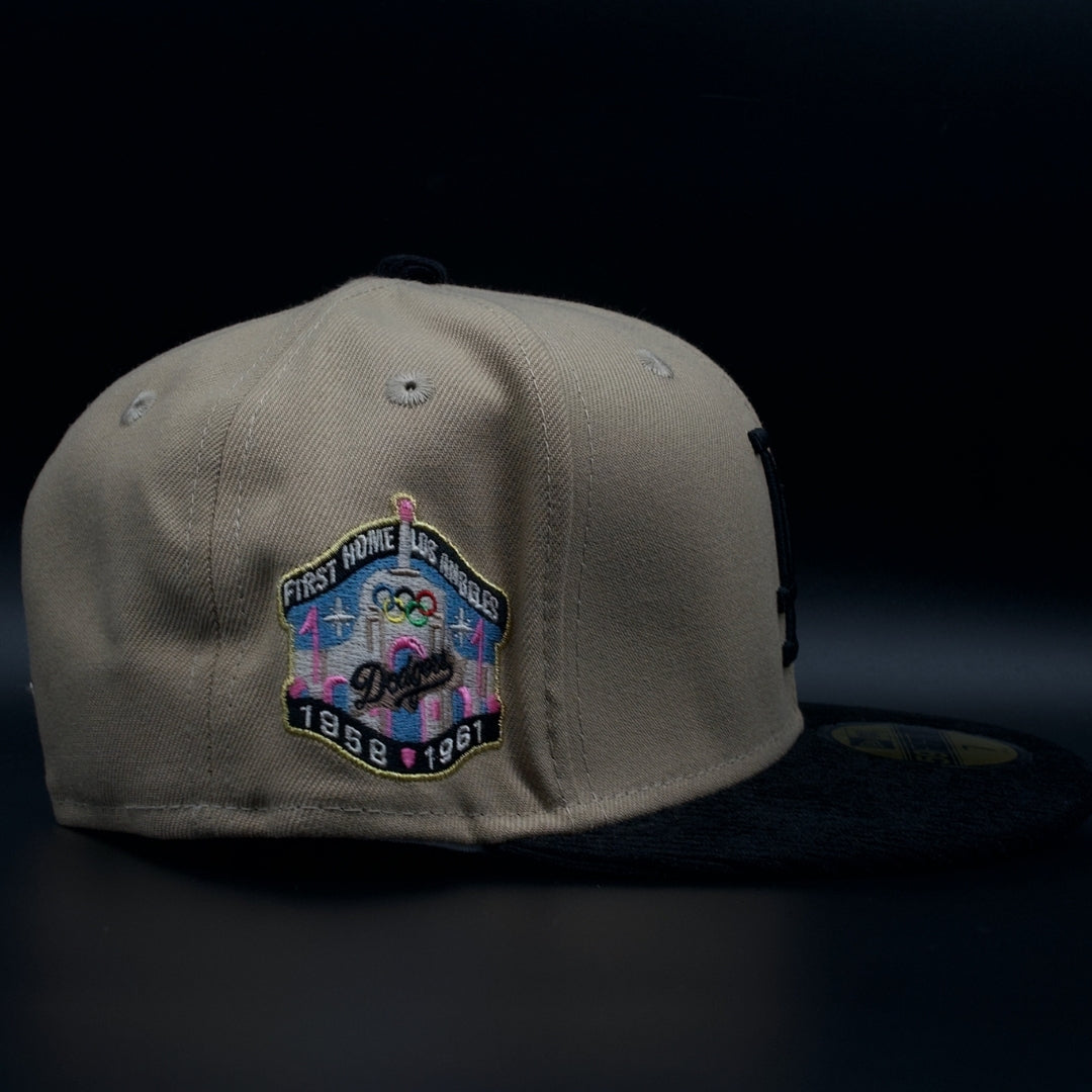 Los Angeles Dodgers Tan Brown and Black Corduroy Colosseum Pink Brim 59FIFTY Fitted Hat