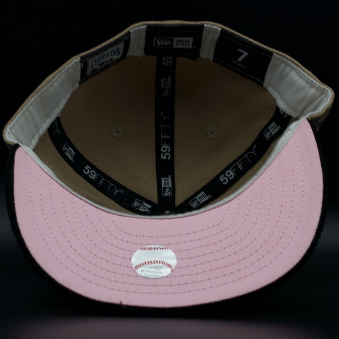 Los Angeles Dodgers Tan Brown and Black Corduroy Colosseum Pink Brim 59FIFTY Fitted Hat