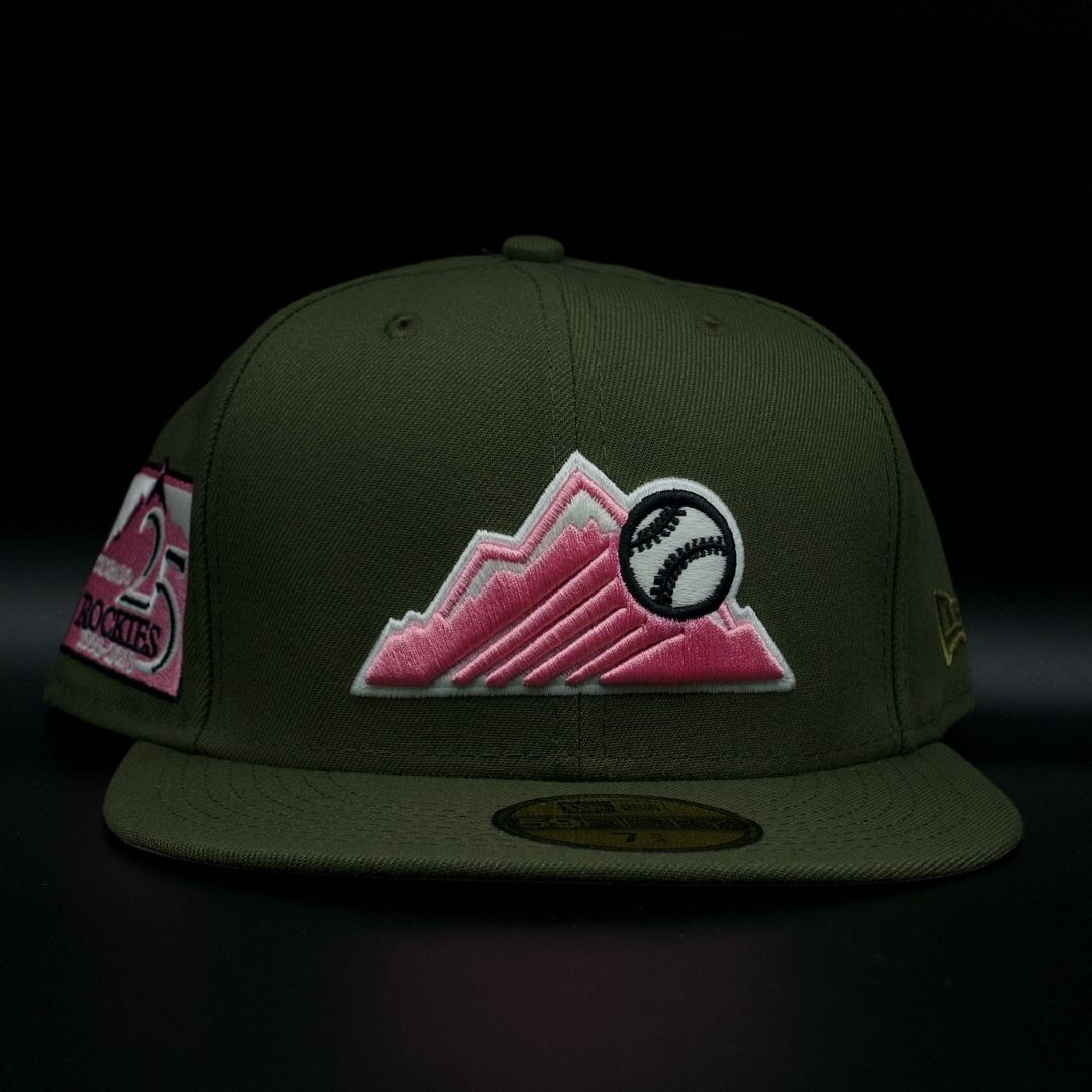 Colorado Rockies Olive Mountain 25th Anniversary Pink Brim 59FIFTY Fitted Hat