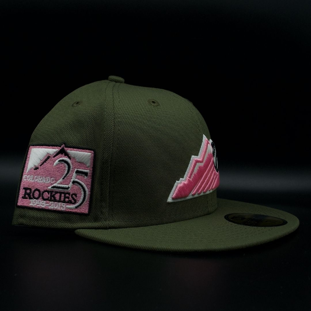 Colorado Rockies Olive Mountain 25th Anniversary Pink Brim 59FIFTY Fitted Hat