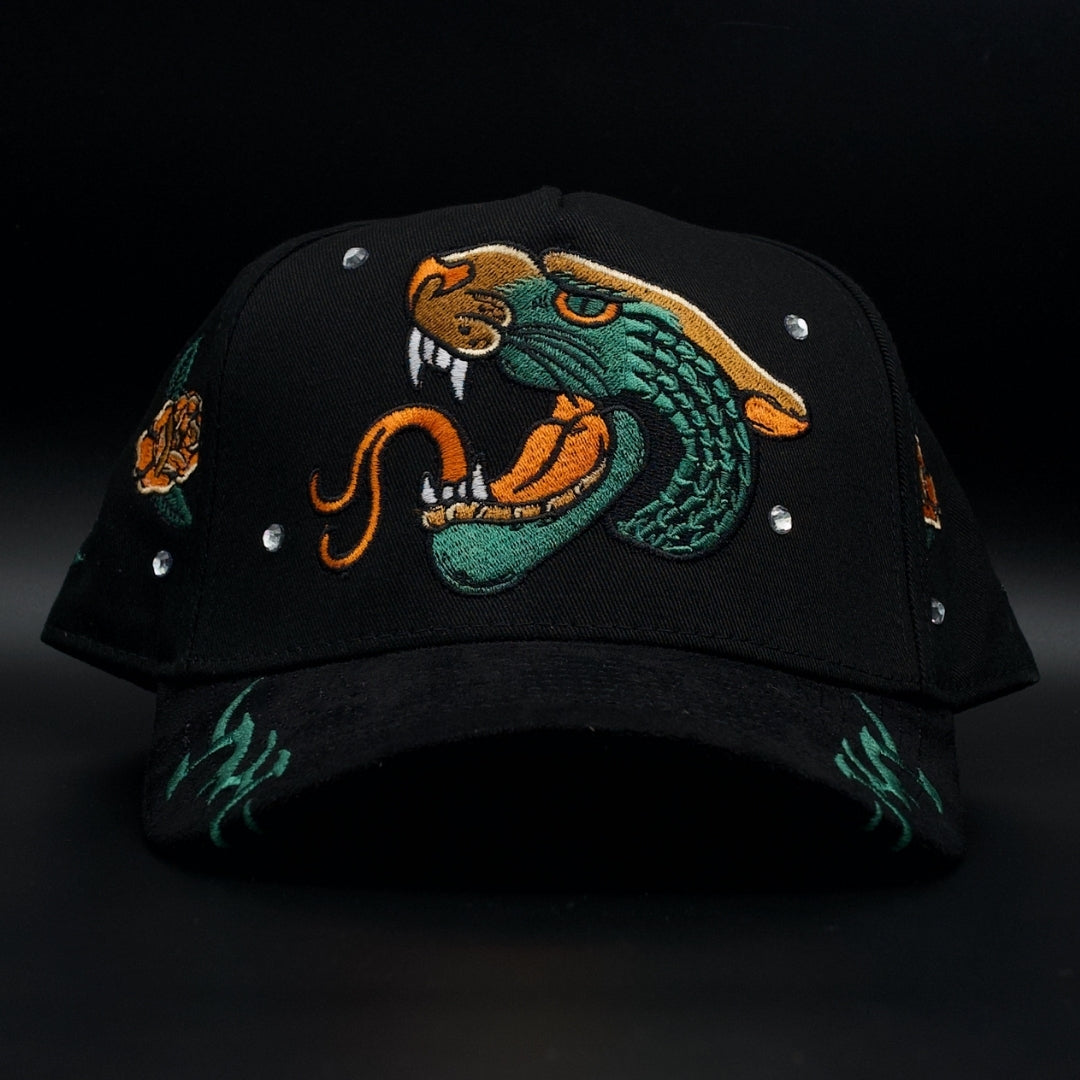 Hat Zun Black And Green Panther Los Angeles Flames Green Brim SnapBack Hat