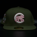 Chicago Cubs Olive Green Crawling Bear Logo Pink Brim 59FIFTY Fitted Hat
