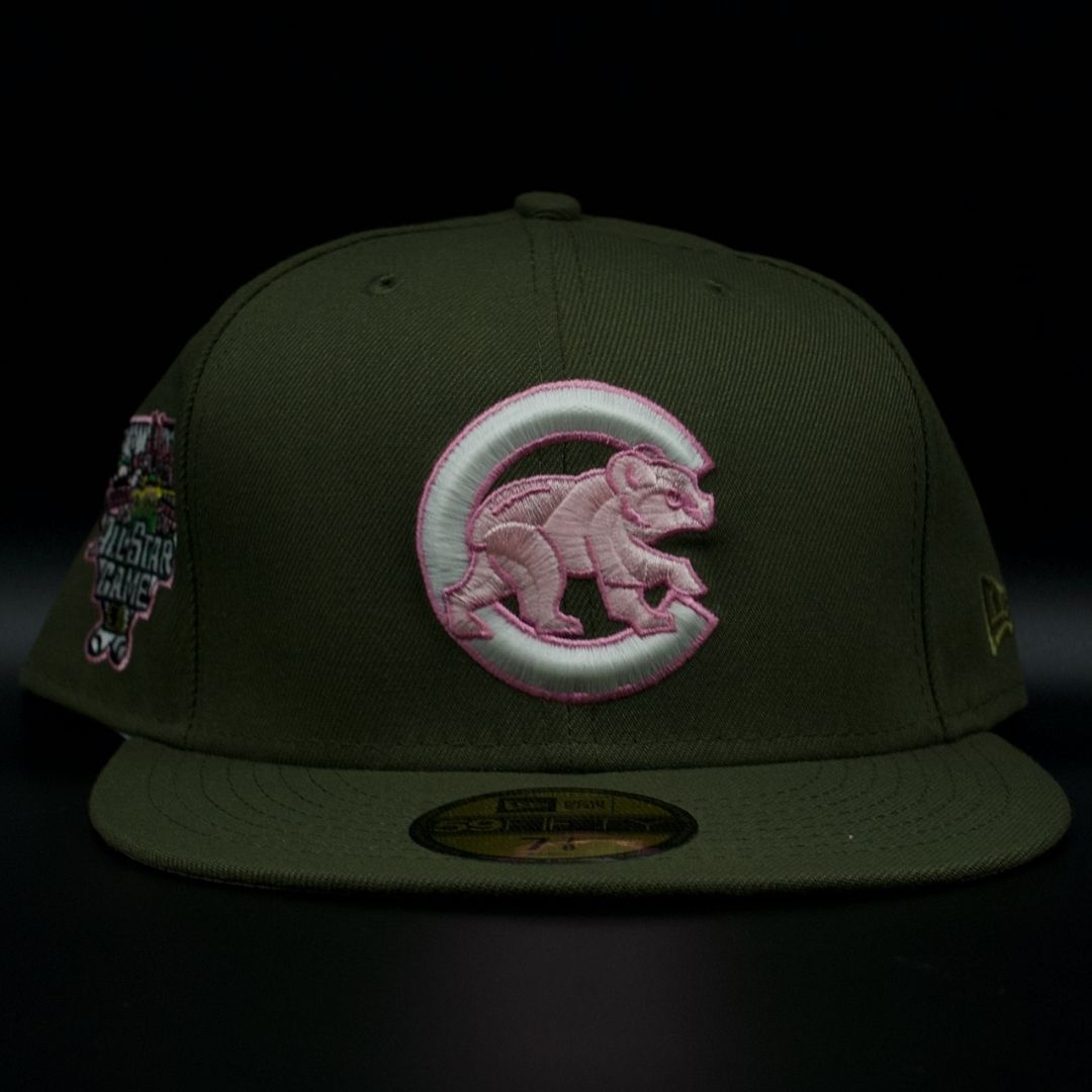 Chicago Cubs Olive Green Crawling Bear Logo Pink Brim 59FIFTY Fitted Hat