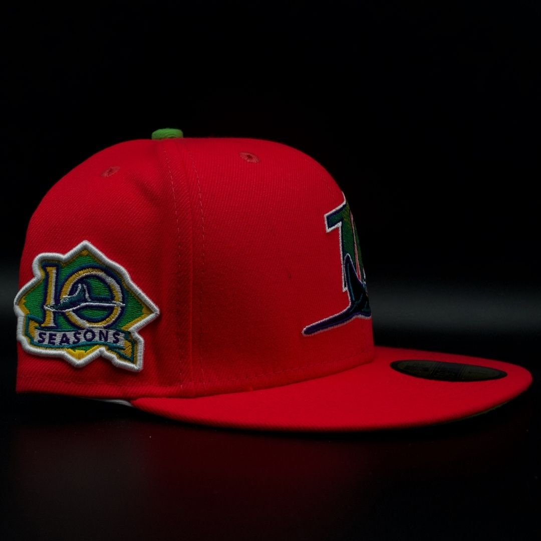 Tampa Bay Devil Rays Red TB Devil Ray Logo Lime Green Brim 59FIFTY Fitted Hat