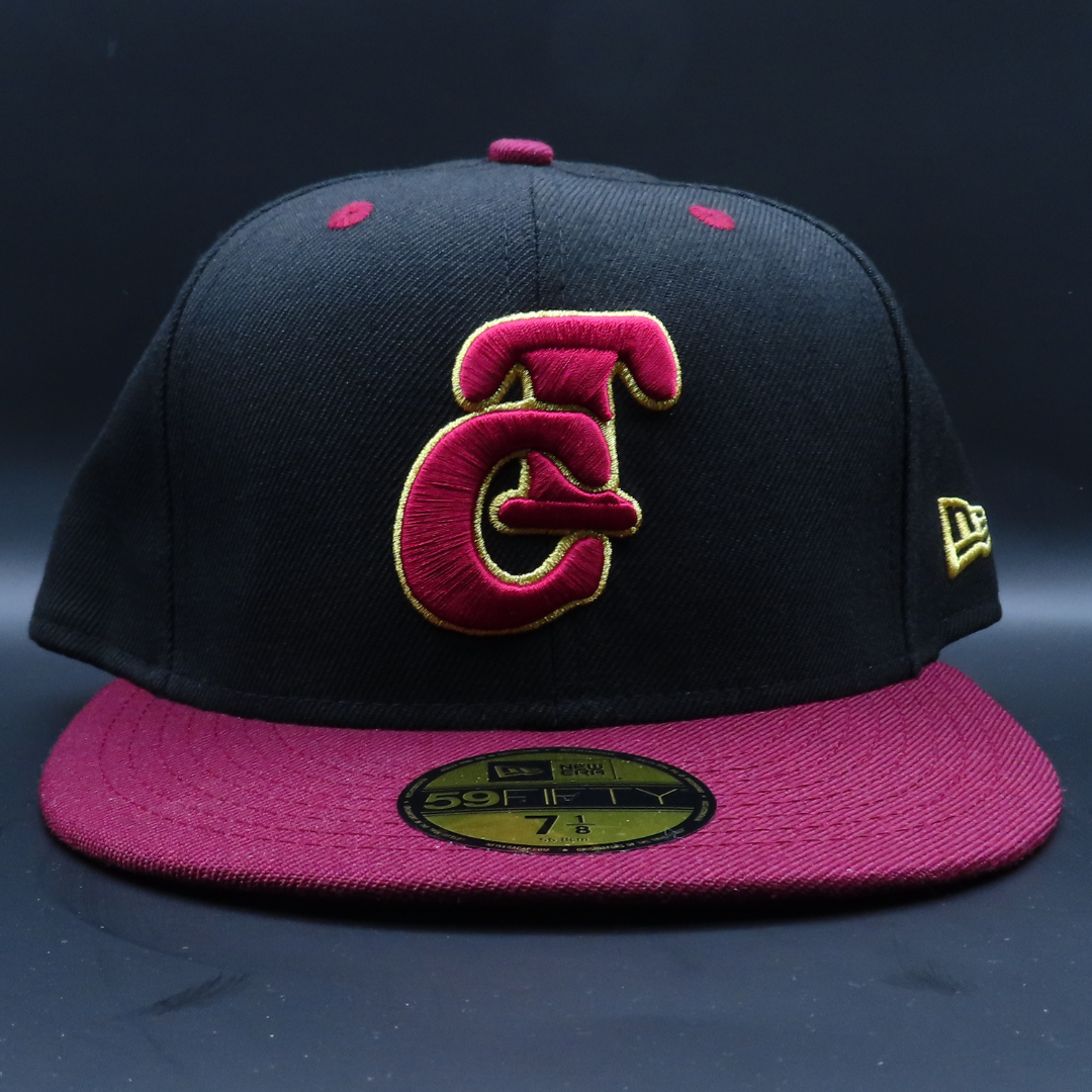 Tomateros de Culiacán Black Burgundy Two-Tone Gold Outline Logo Design Burgundy Brim 59FIFTY Fitted Hat
