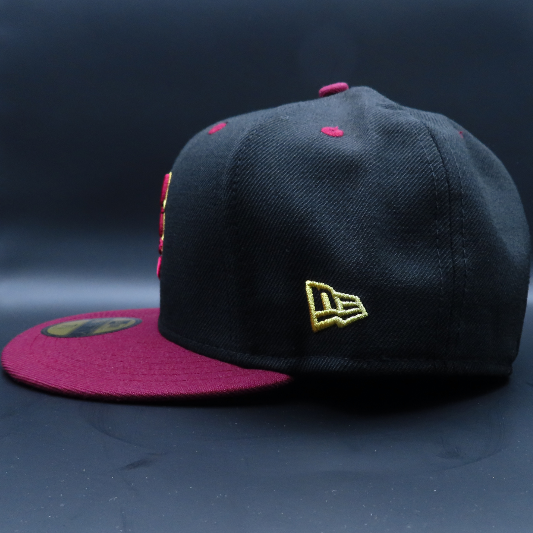 Tomateros de Culiacán Black Burgundy Two-Tone Gold Outline Logo Design Burgundy Brim 59FIFTY Fitted Hat