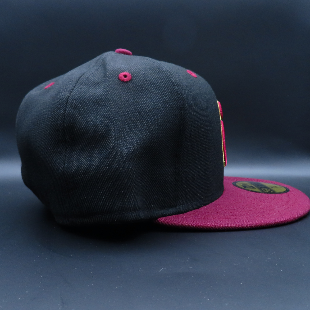 Tomateros de Culiacán Black Burgundy Two-Tone Gold Outline Logo Design Burgundy Brim 59FIFTY Fitted Hat