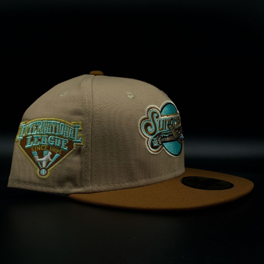 Syracuse SkyChiefs Camel and Brown Script Logo Teal Brim 59FIFTY Fitted Hat