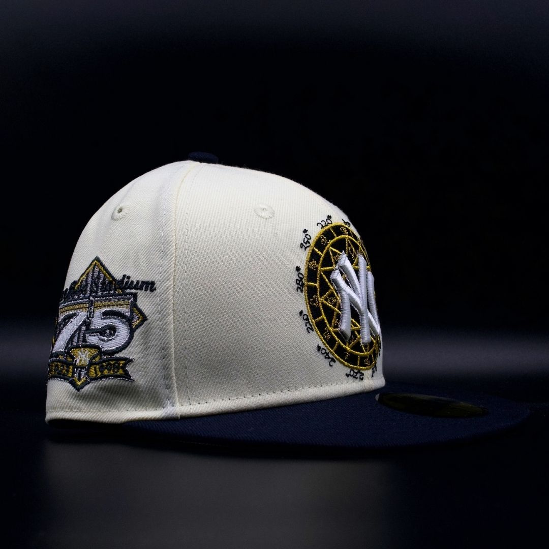 New York Yankees Chrome White and Navy Compass NY Logo 75th Anniversary Grey Brim 59FIFTY Fitted Hat