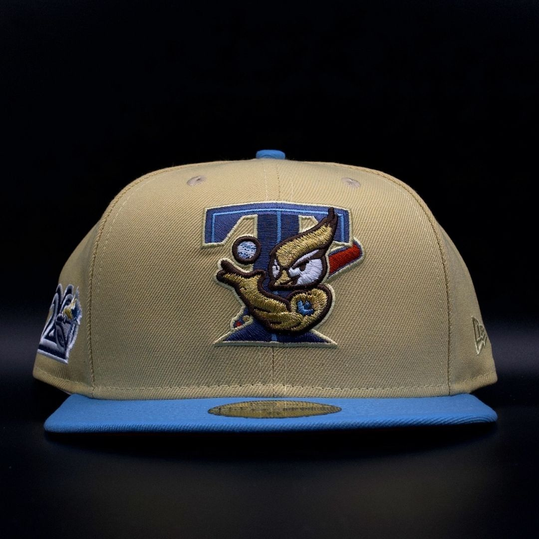 Toronto Blue Jays Vegas Gold and Sky Blue Retro Bird Logo 20th Anniversary Orange Brim 59FIFTY Fitted Hat