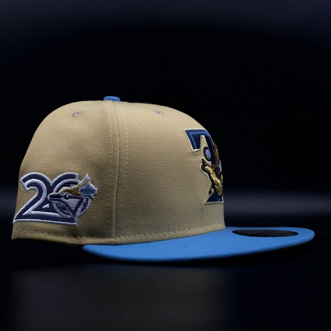 Toronto Blue Jays Vegas Gold and Sky Blue Retro Bird Logo 20th Anniversary Orange Brim 59FIFTY Fitted Hat