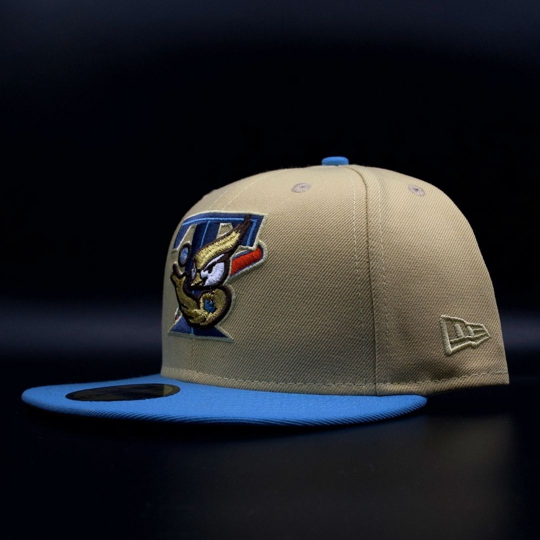 Toronto Blue Jays Vegas Gold and Sky Blue Retro Bird Logo 20th Anniversary Orange Brim 59FIFTY Fitted Hat