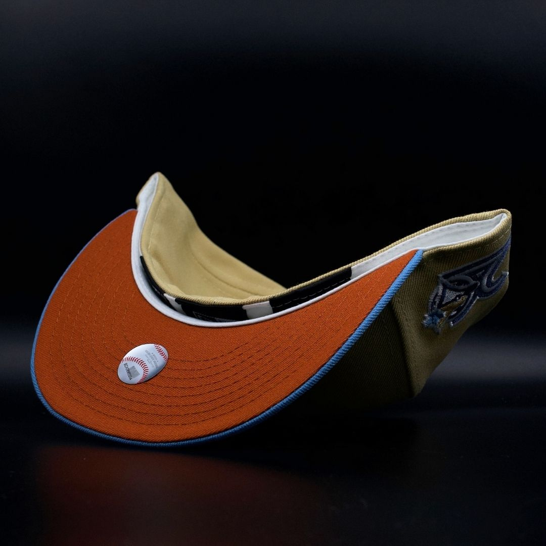 Toronto Blue Jays Vegas Gold and Sky Blue Retro Bird Logo 20th Anniversary Orange Brim 59FIFTY Fitted Hat