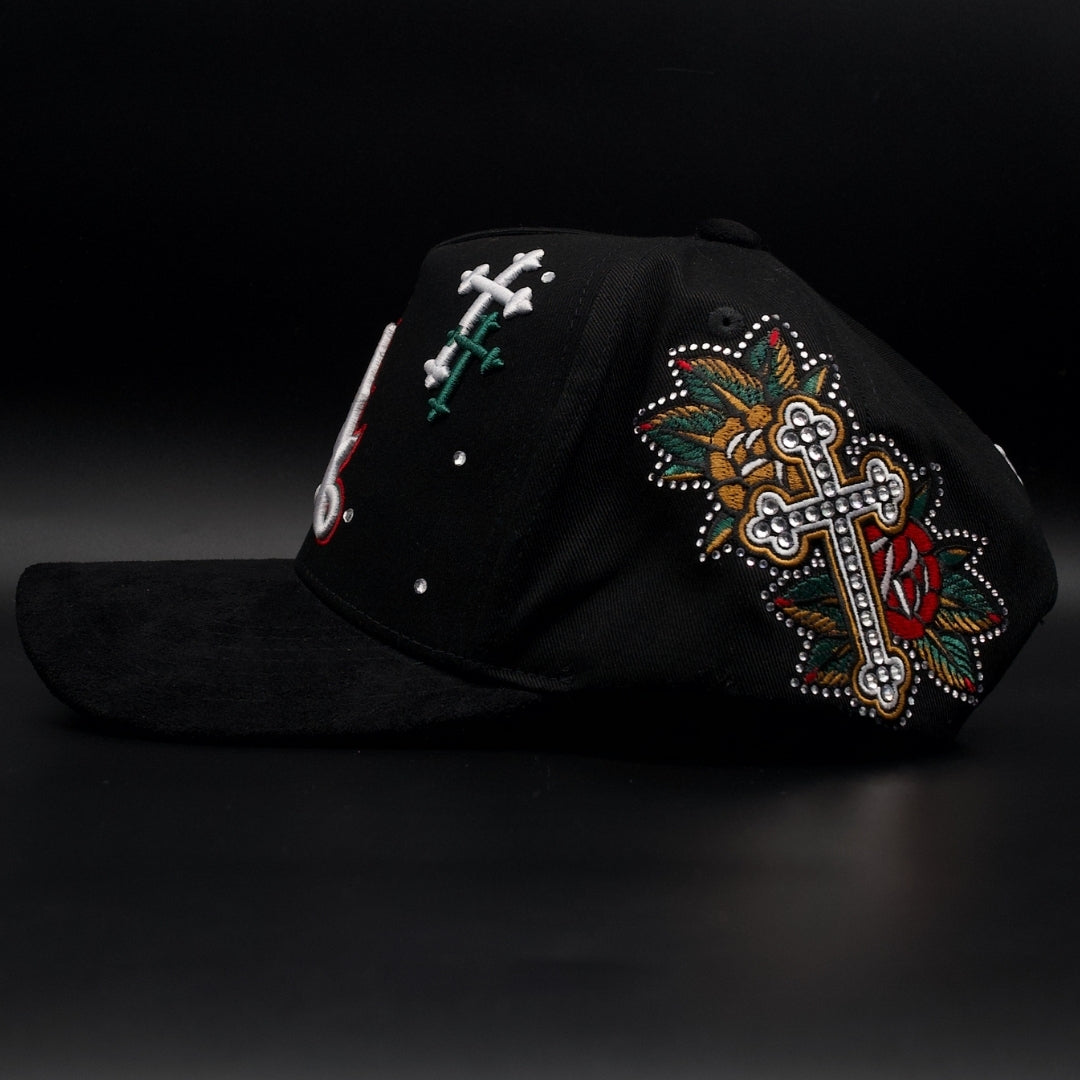 Hat Zun Black LA Cross Rhinestone Black Brim SnapBack Hat