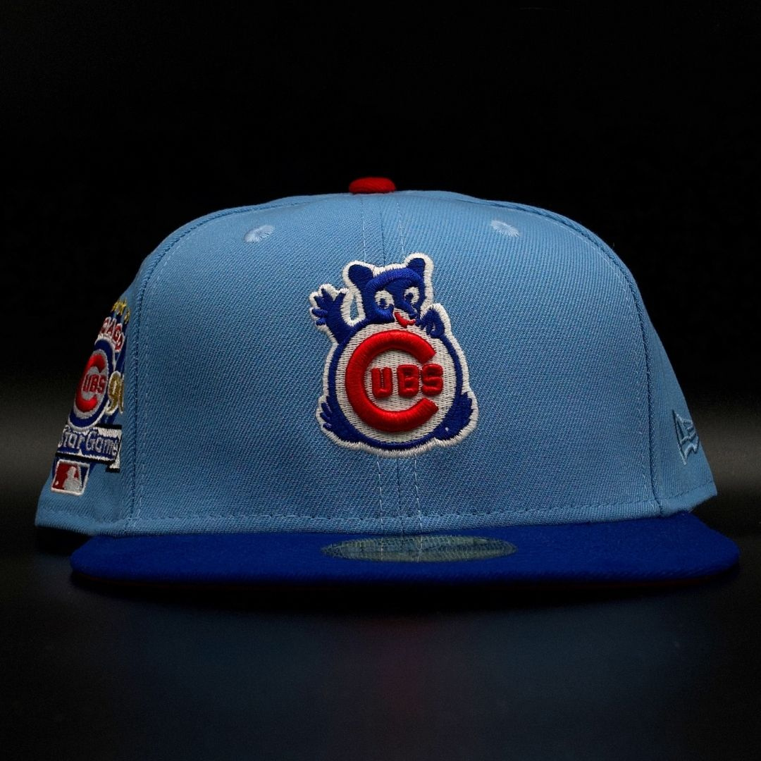 Chicago Cubs Sky Blue and Royal Retro Bear Logo 1990 All Star Game Red Brim 59FIFTY Fitted Hat