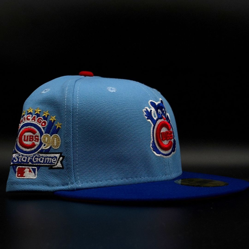 Chicago Cubs Sky Blue and Royal Retro Bear Logo 1990 All Star Game Red Brim 59FIFTY Fitted Hat