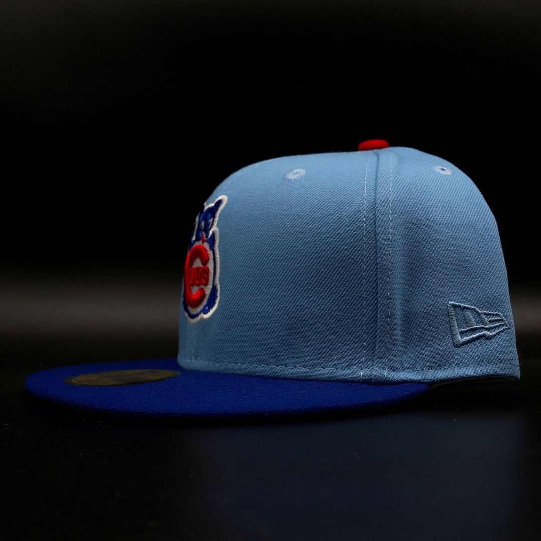Chicago Cubs Sky Blue and Royal Retro Bear Logo 1990 All Star Game Red Brim 59FIFTY Fitted Hat