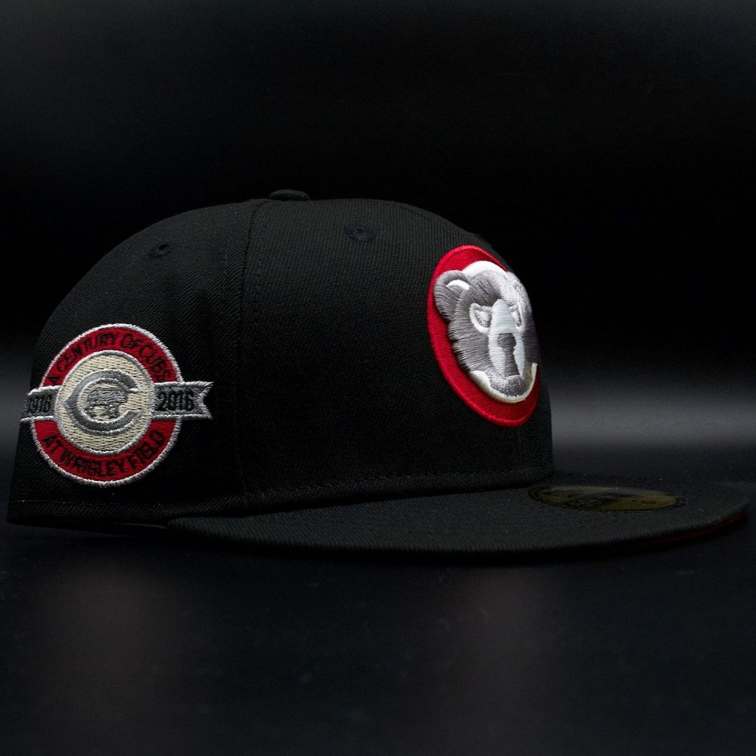 Chicago Cubs Black Bear Head Logo A Century of Cubs at Wrigley Field Red Brim 59FIFTY Fitted Hat
