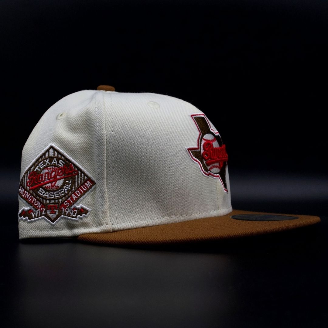 Texas Rangers White and Tan Texas Outline Logo Arlington Stadium Red Brim 59FIFTY Fitted Hat