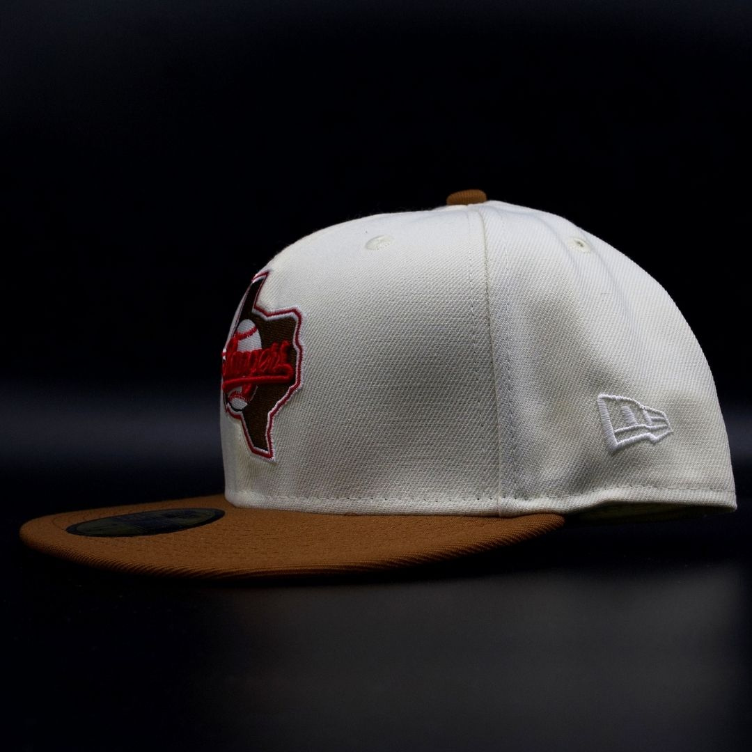 Texas Rangers White and Tan Texas Outline Logo Arlington Stadium Red Brim 59FIFTY Fitted Hat