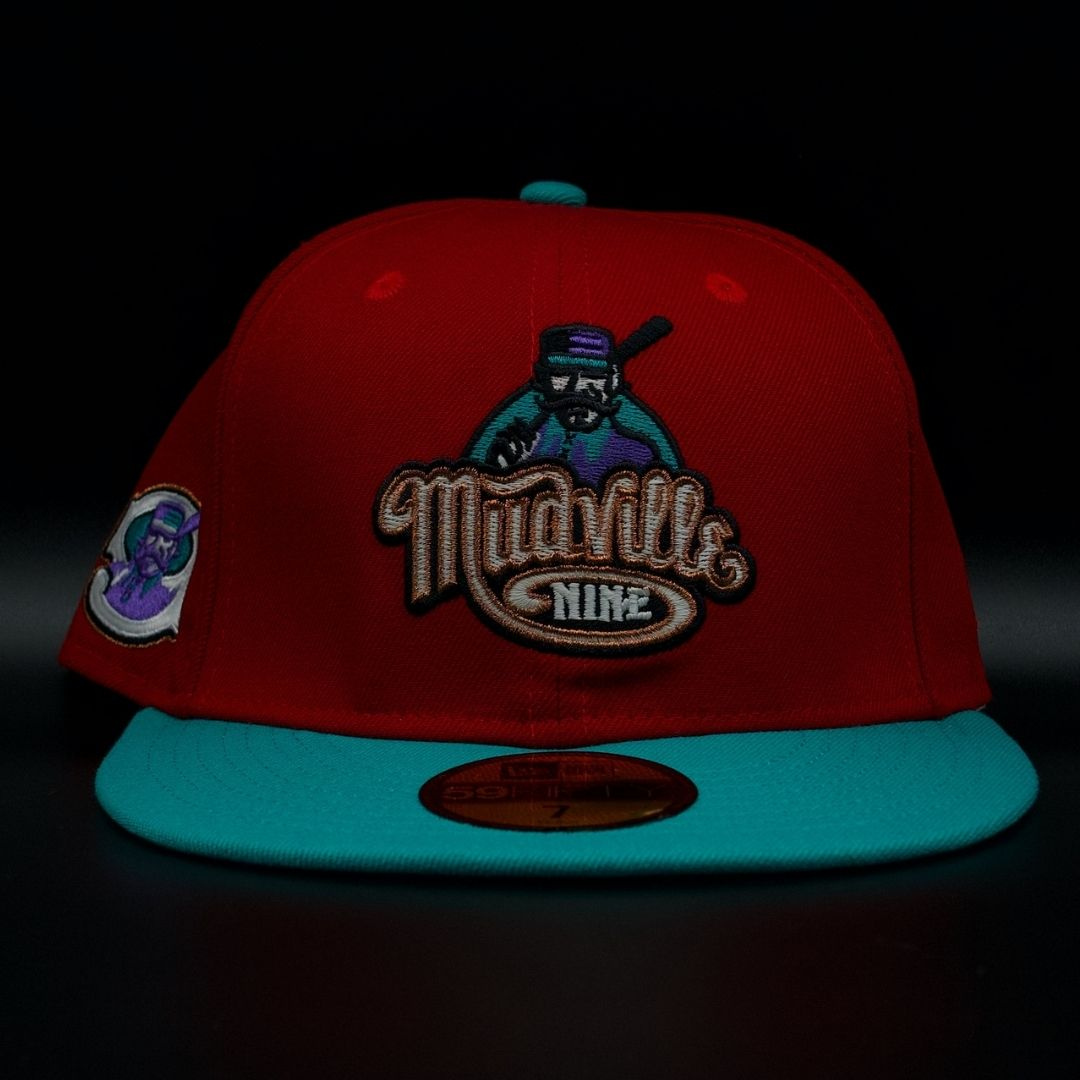 Mudville Nine Red and Teal Script Logo Mascot Purple Brim 59FIFTY Fitted Hat