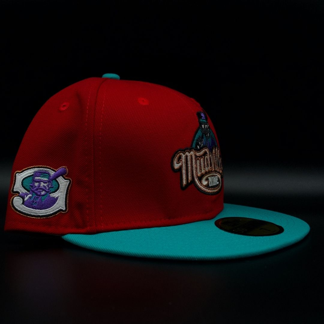 Mudville Nine Red and Teal Script Logo Mascot Purple Brim 59FIFTY Fitted Hat