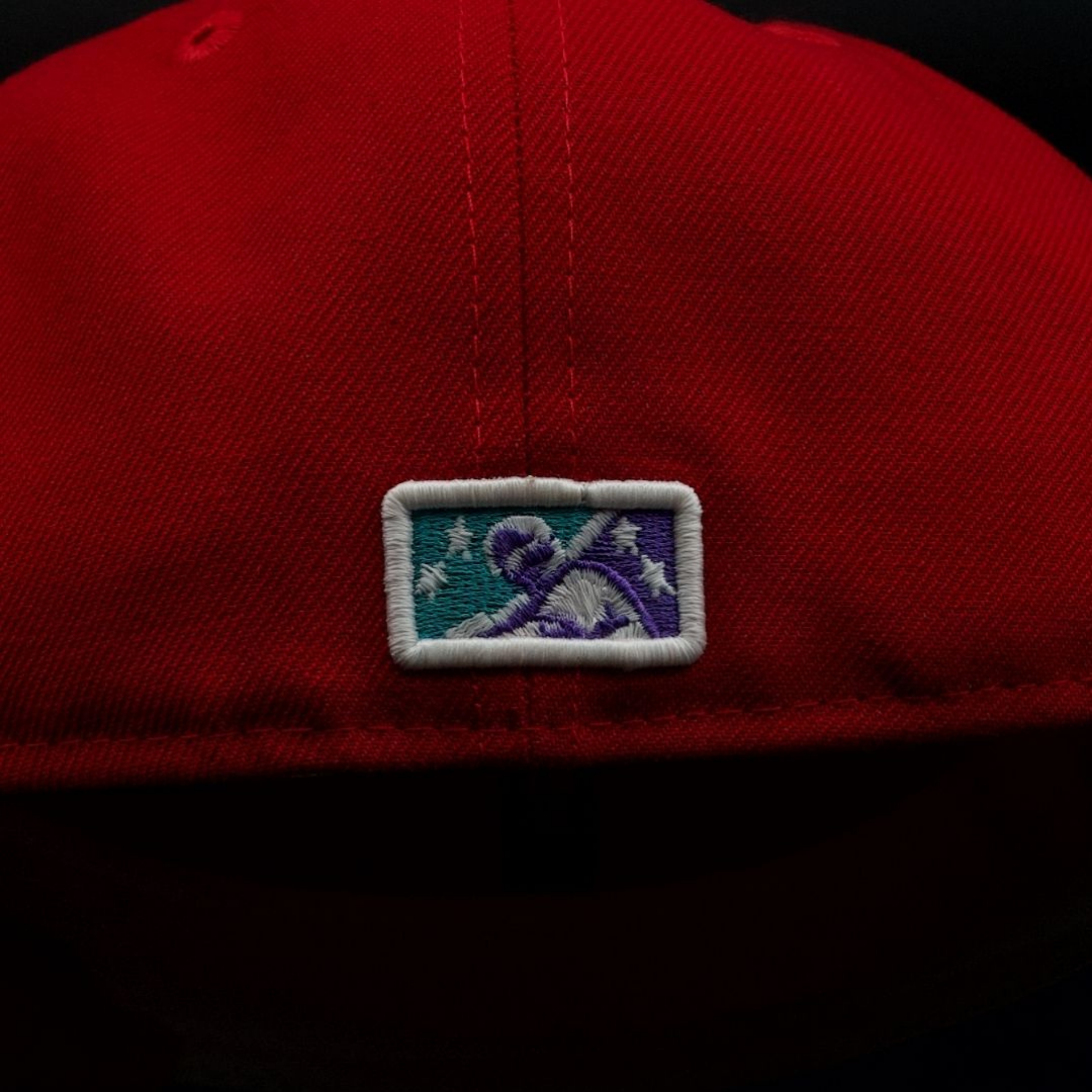 Mudville Nine Red and Teal Script Logo Mascot Purple Brim 59FIFTY Fitted Hat