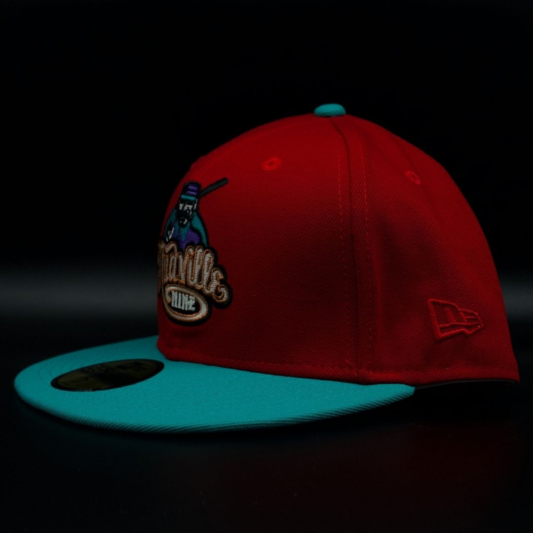 Mudville Nine Red and Teal Script Logo Mascot Purple Brim 59FIFTY Fitted Hat