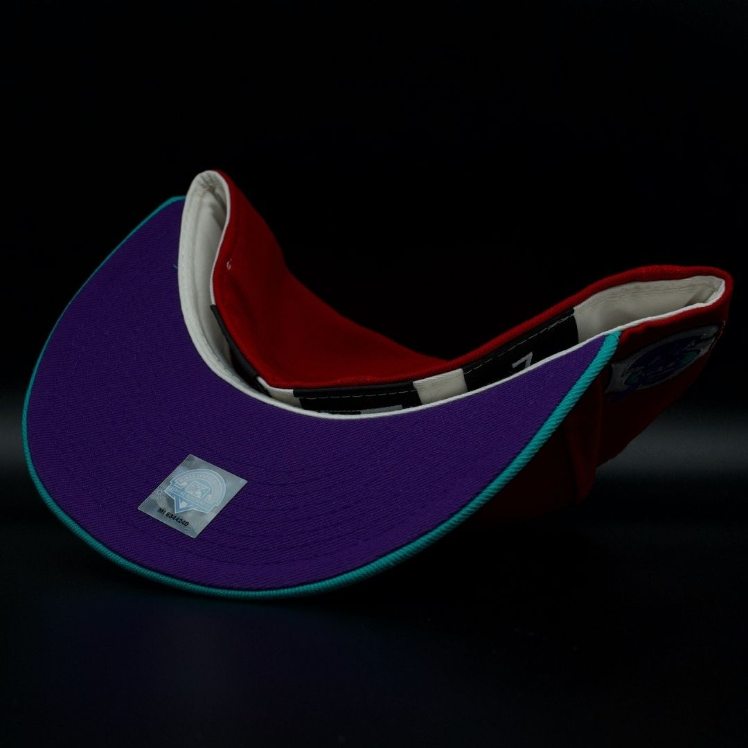 Mudville Nine Red and Teal Script Logo Mascot Purple Brim 59FIFTY Fitted Hat