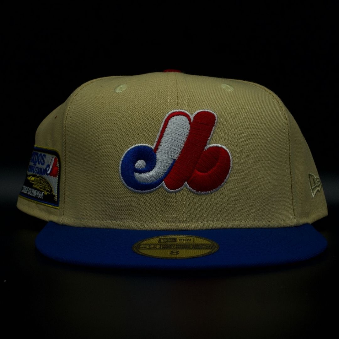 Montreal Expos Gold and Blue eb Logo Olympic Stadium Red Brim 59FIFTY Fitted Hat