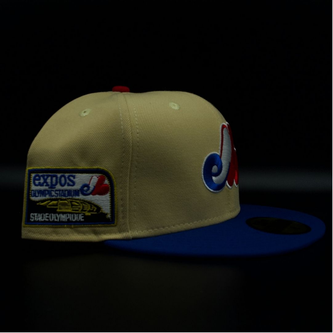 Montreal Expos Gold and Blue eb Logo Olympic Stadium Red Brim 59FIFTY Fitted Hat