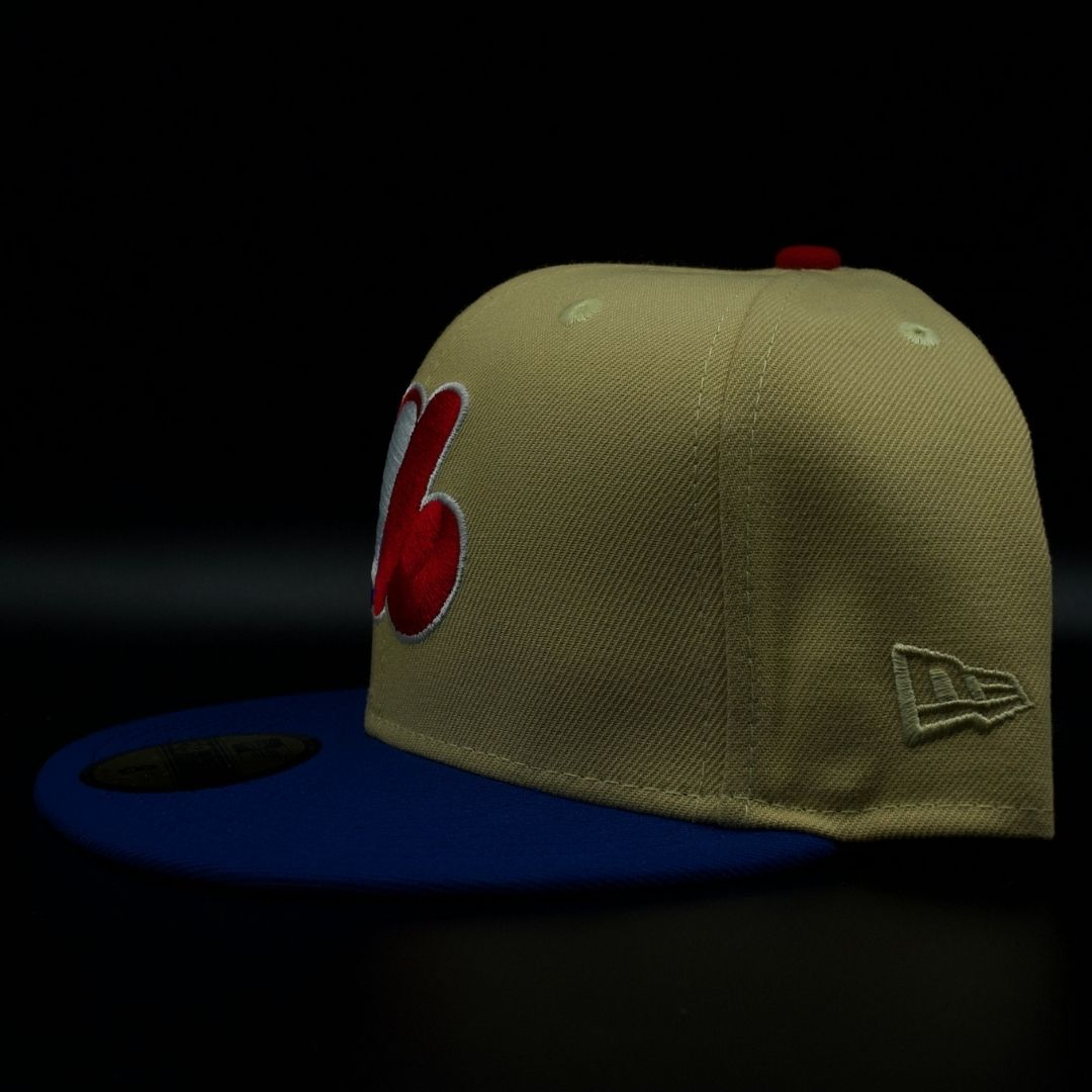 Montreal Expos Gold and Blue eb Logo Olympic Stadium Red Brim 59FIFTY Fitted Hat