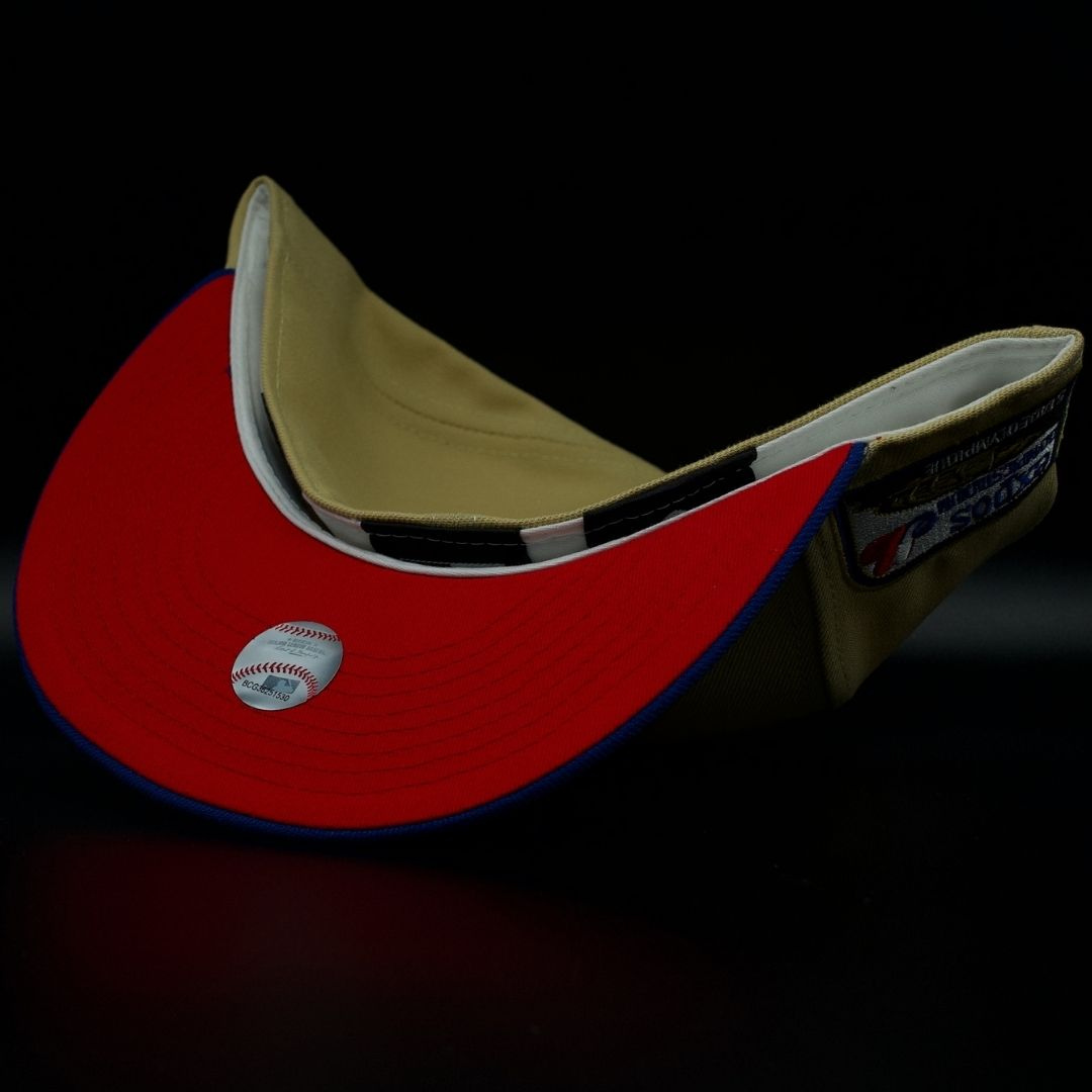 Montreal Expos Gold and Blue eb Logo Olympic Stadium Red Brim 59FIFTY Fitted Hat