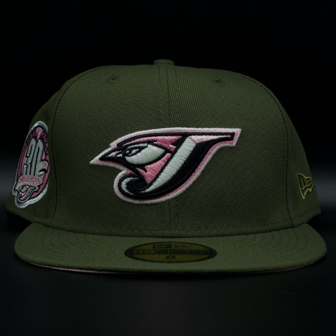 Toronto Blue Jays Olive Green J Bird Head Logo Pink Brim 59FIFTY Fitted Hat