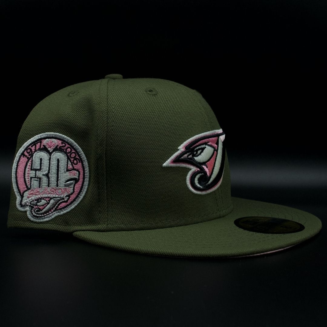 Toronto Blue Jays Olive Green J Bird Head Logo Pink Brim 59FIFTY Fitted Hat