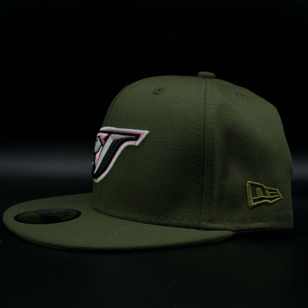 Toronto Blue Jays Olive Green J Bird Head Logo Pink Brim 59FIFTY Fitted Hat