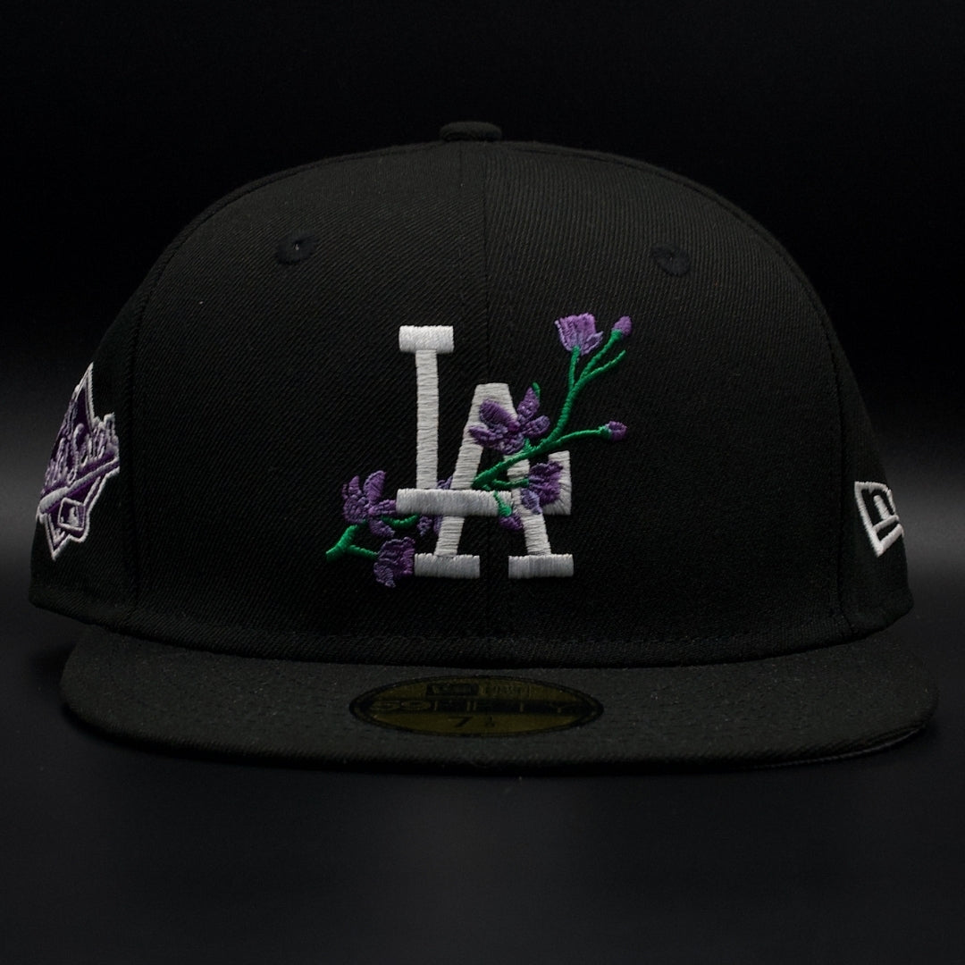 Los Angeles Dodgers Black Lavender Flower World Series Grey Brim 59FIFTY Fitted Hat