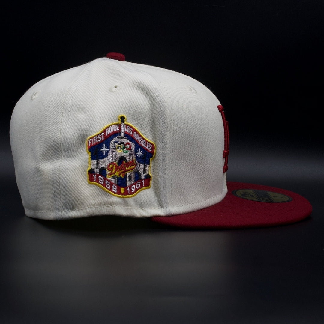 Los Angeles Dodgers Off White and Burgundy Colosseum Green Brim 59FIFTY Fitted Hat