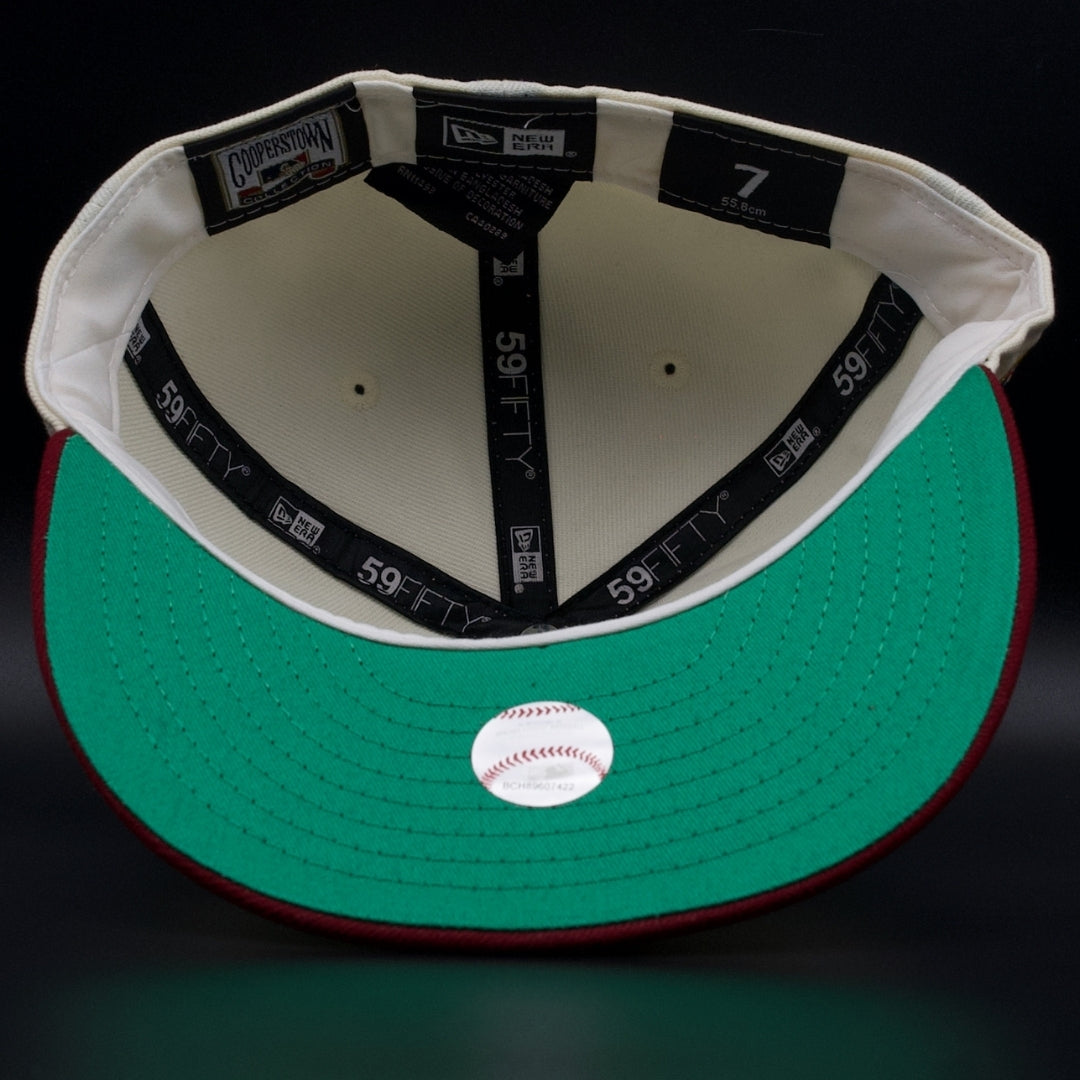 Los Angeles Dodgers Off White and Burgundy Colosseum Green Brim 59FIFTY Fitted Hat